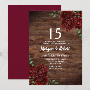 Burgund Rote Rose Rustikales 15. Hochzeitstag Einladung