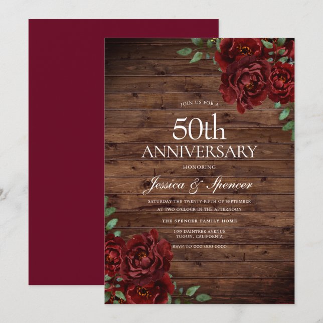 Burgund Rote Rose Rustikales 50. Hochzeitstag Einladung (Vorne/Hinten)
