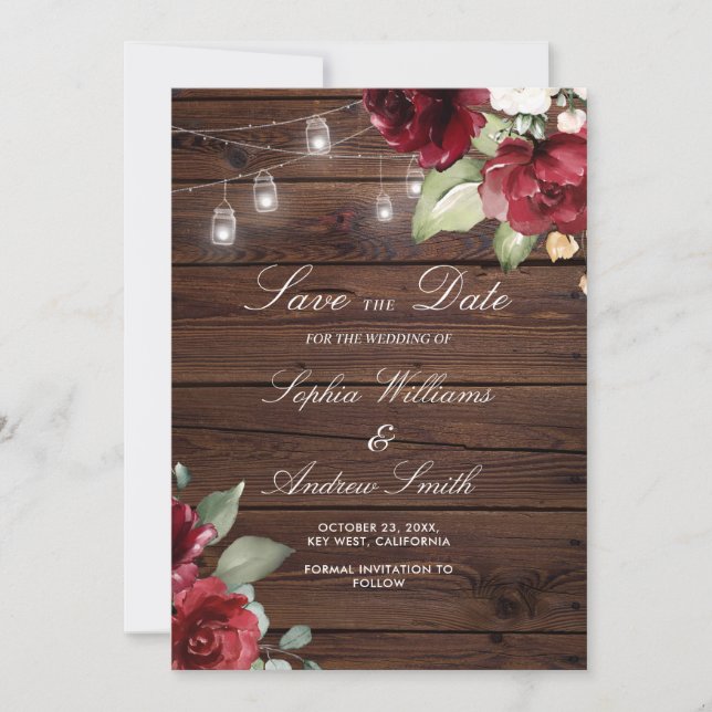 Burgund Rote Rose Rustikales Holz Save the Date Einladung (Vorderseite)