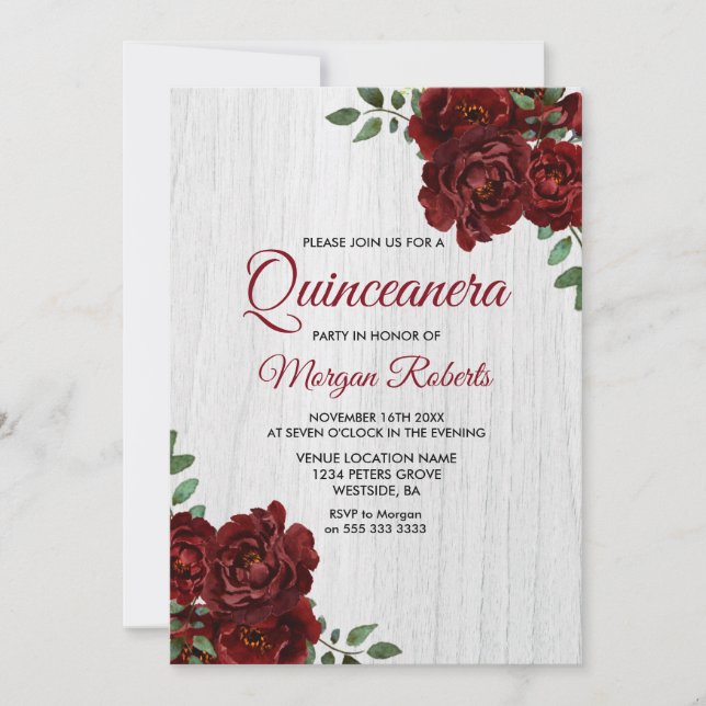 Burgund Rote Rose Rustikales Weißes Quinceanera la Einladung (Vorderseite)