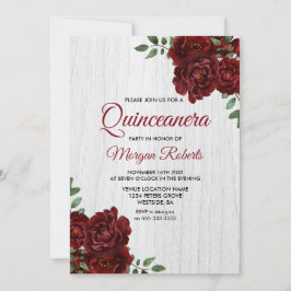 Burgund Rote Rose Rustikales Weißes Quinceanera la Einladung