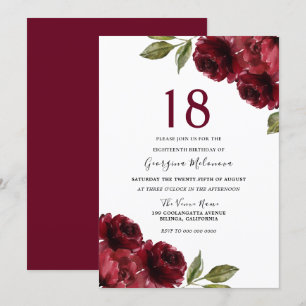 Burgund Rote Rosen Elegant 18. Geburtstagsparty Einladung