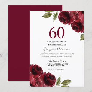 Burgund Rote Rosen Elegante 60. Geburtstagsparty Einladung