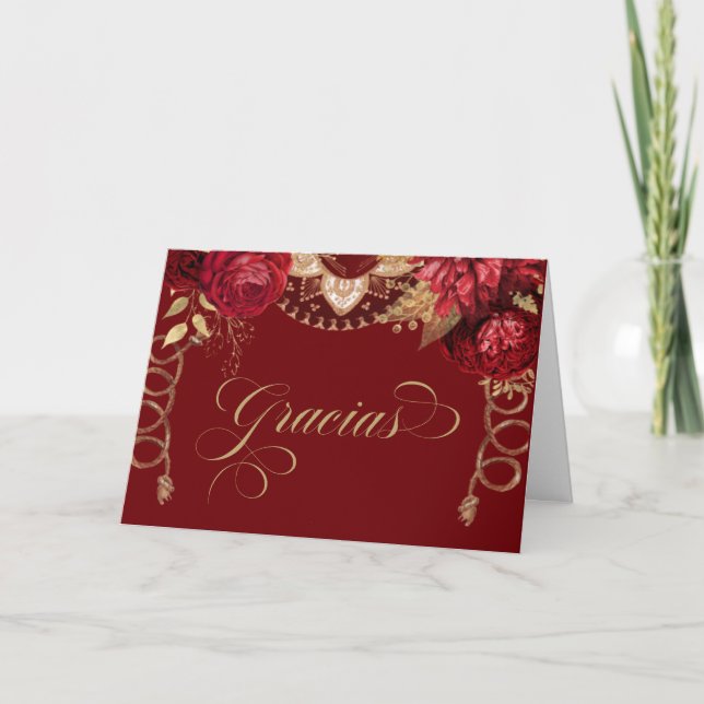 Burgund Rote Rosen Elegante Charro Western Spanisc Dankeskarte (Vorderseite)