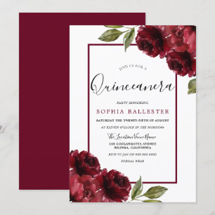 Burgund Rote Rosen Modernes Quinceanera-Party Einladung