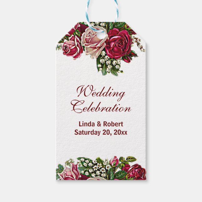 Burgund Rote Rustikale Rose Blumenlandhochzeit Geschenkanhänger (Vorderseite)