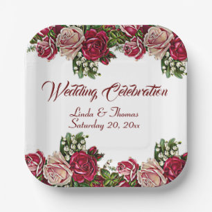Burgund Rote Rustikale Rose Blumenlandhochzeit Pappteller