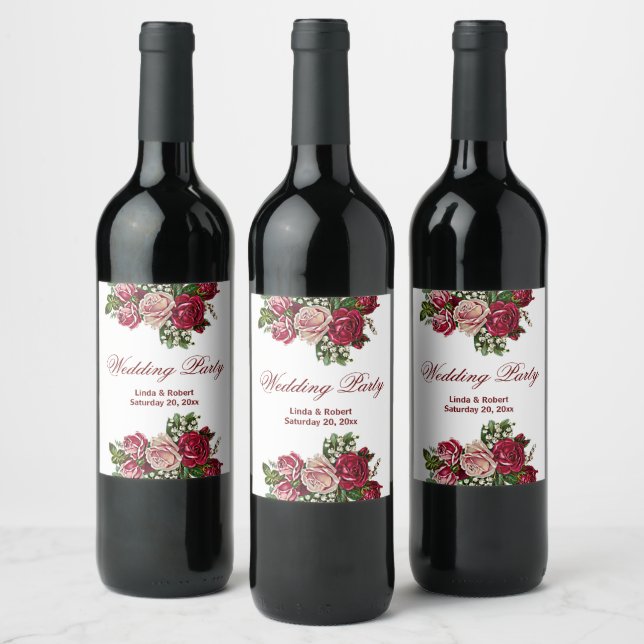 Burgund Rote Rustikale Rose Blumenlandhochzeit Weinetikett (Flaschen)