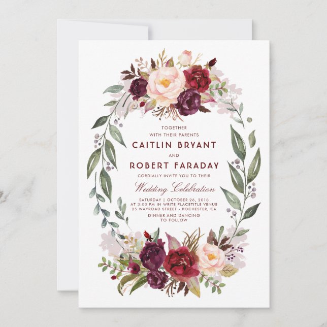 Burgund Roter Blumenreath Rustikale Hochzeit Einladung (Vorderseite)