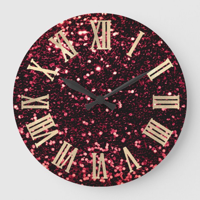 Burgund Roter Glitzer Metallische römische Zahlen Große Wanduhr (Vorderseite)