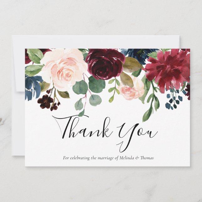Burgund Roter Wein & Blush Bloral Wedding Dankeskarte (Vorderseite)