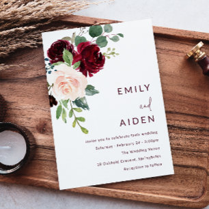 Burgund Roter Wein & Blush Bloral Wedding Einladung