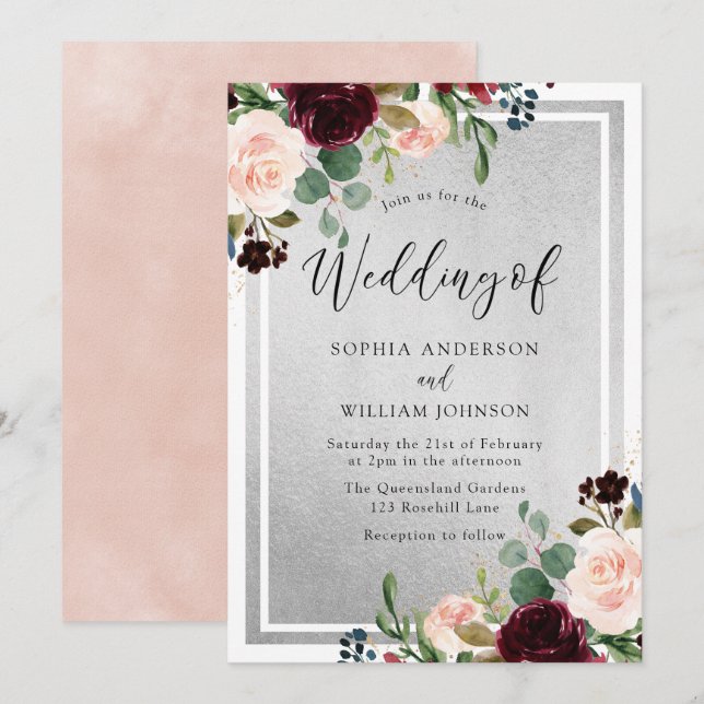 Burgund Roter Wein Blush Blume & Silberhochzeit Einladung (Vorne/Hinten)