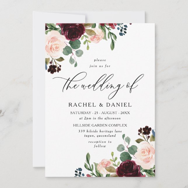 Burgund Roter Wein & Blush Moderne Hochzeit Einladung (Vorderseite)