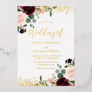 Burgund Roter Wein Hochzeit Golden Sparkle Folieneinladung