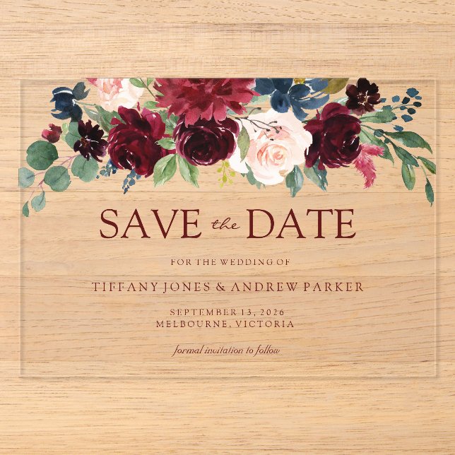 Burgund Roter Wein Save the Date Acryleinladungen (Vorderseite)
