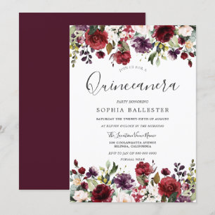 Burgund Rotes Botanisches Quinceanera Party Einladung