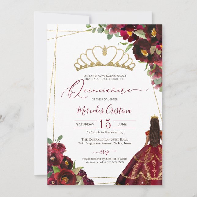 Burgund Rotes Gold Aquarellfarben Quinceañera Einladung (Vorderseite)