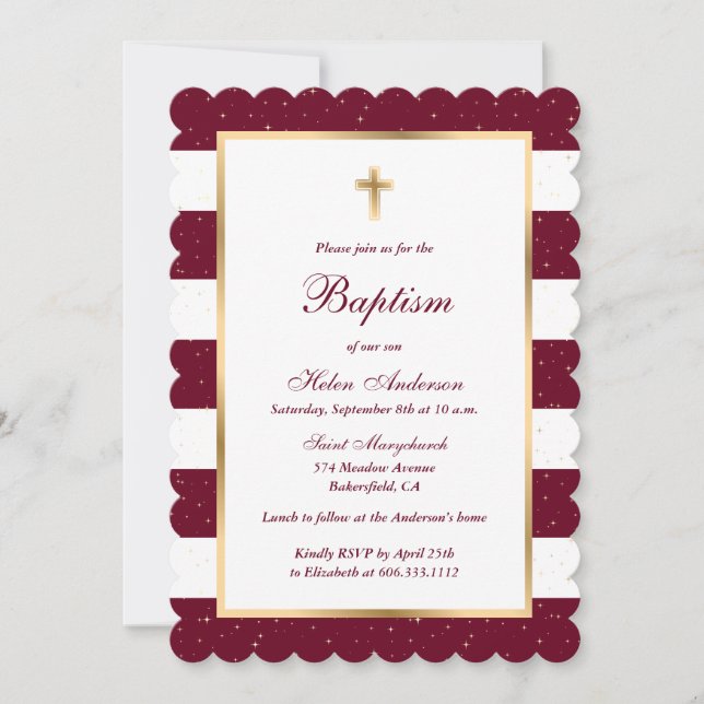 Burgund Rotes Goldkreuz Streifendorntaufe Einladung (Vorderseite)