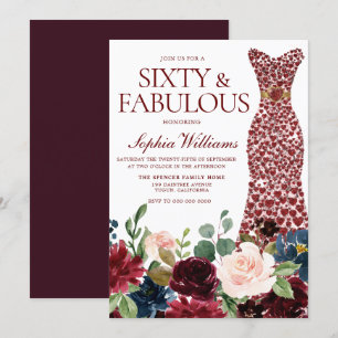 Burgund Rotes Kleid Aquarell Floral 60. Geburtstag Einladung