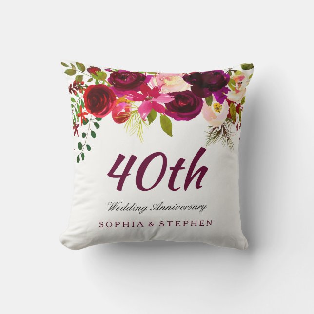 Burgund Ruby Red Floral 40. Hochzeitstag Kissen (Vorderseite)
