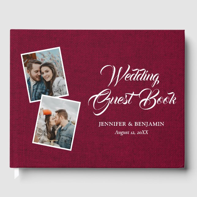 Burgund Rustic Burlap Wedding Foto Gästebuch (Vorderseite)