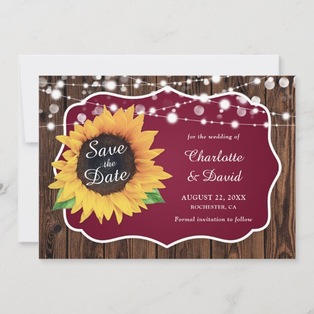 Burgund Rustic Wood Lights Sonnenblumenhochzeit Save The Date (Vorderseite)