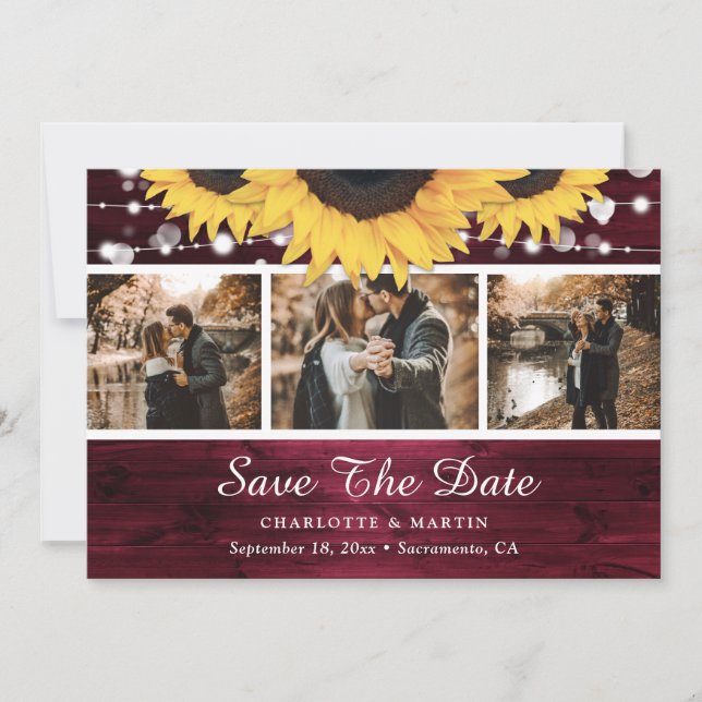 Burgund Rustic Wood Sunflower Wedding Foto Save The Date (Vorderseite)
