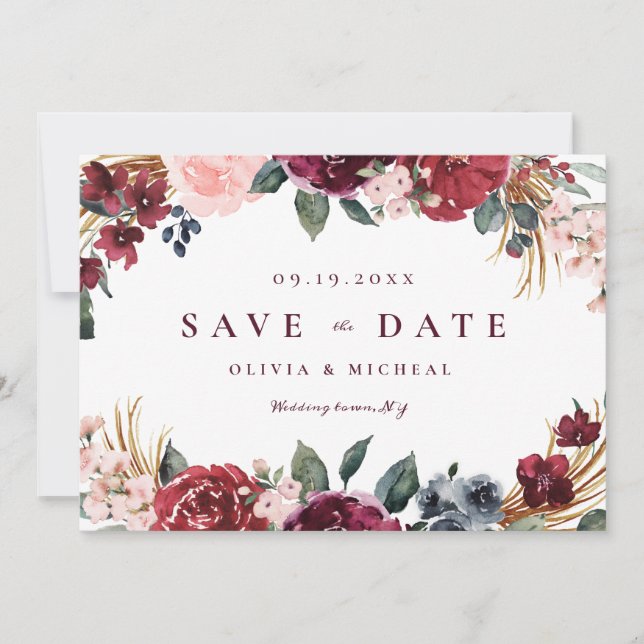 Burgund rustikal boho blühend Save the Date (Vorderseite)
