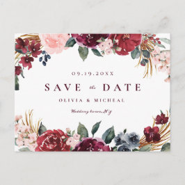 Burgund rustikal boho blühend Save the Date Ankündigungspostkarte