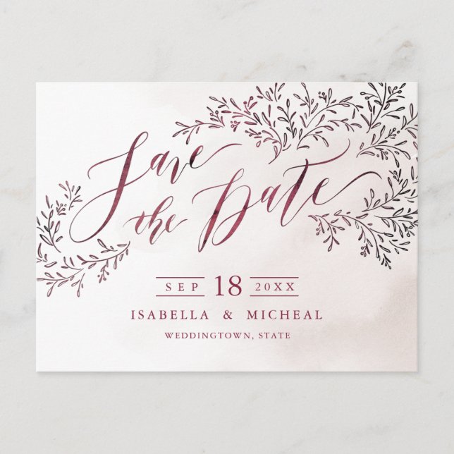 Burgund rustikale Blumenkalligrafie Save the Date Ankündigungspostkarte (Vorderseite)