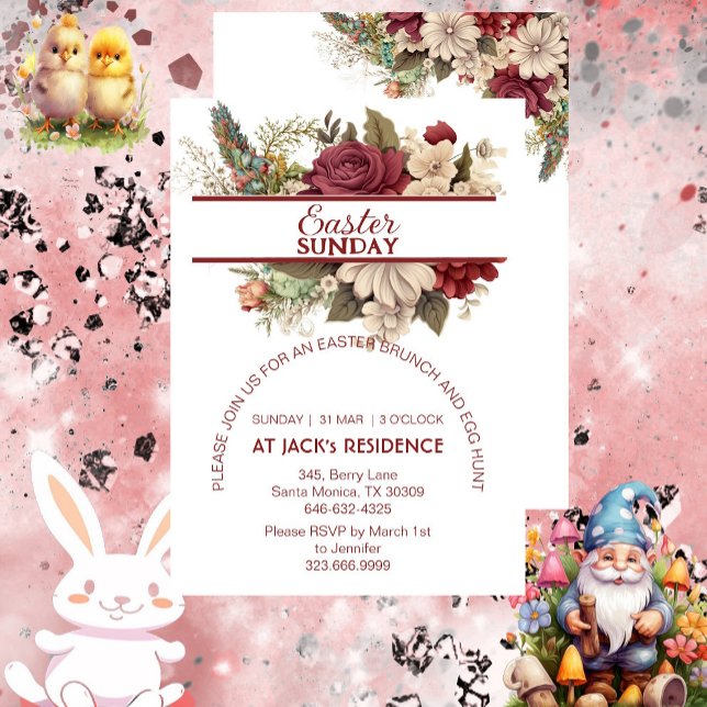Burgund Rustikale Rose Pastell Floral Ostersonntag Einladung (Burgundy Rustic Roses Pastel Floral Easter Sunday Invitation)