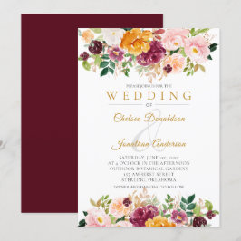 Burgund, Safran, rosa Wasserfarbenblüten Hochzeit Einladung