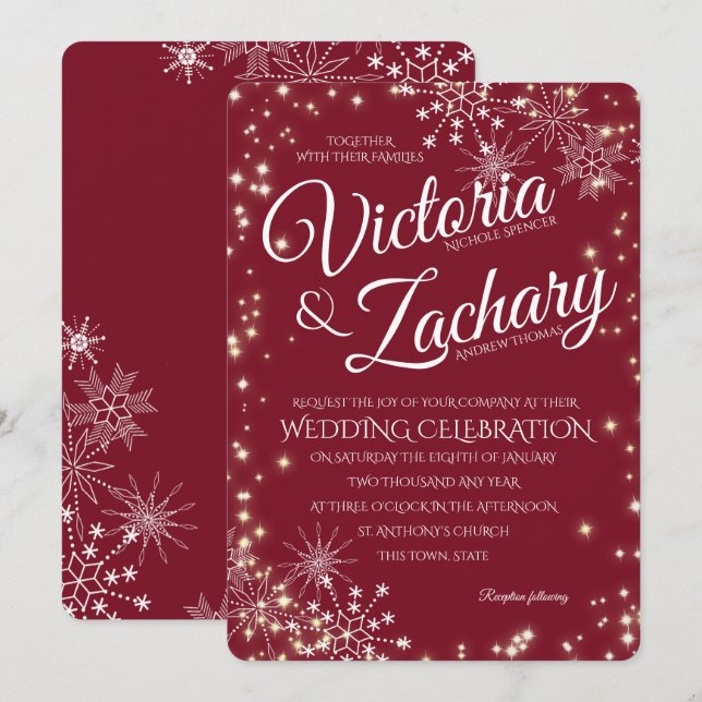 Burgund-Schneeflocken und Sparkle-Hochzeit Einladung (Vorne/Hinten)