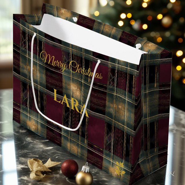 Burgund, Schwarz und Gold glühende Karierte Weihna Große Geschenktüte (Von Creator hochgeladen)