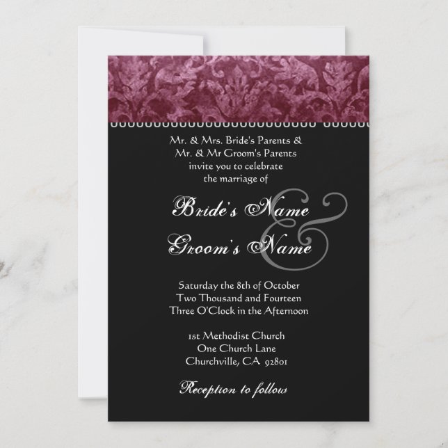 Burgund Schwarz-weiß Damask Einladung (Vorderseite)