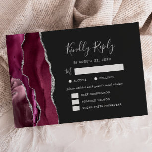 Burgund Silber Achat Dunkle Menüoptionen Hochzeit RSVP Karte