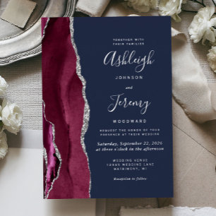 Burgund Silber Achat Navy Blau Moderne Hochzeit Folieneinladung