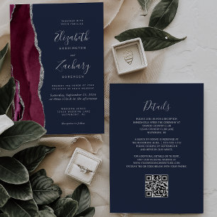 Burgund Silber Achat Navy Blau QR Code Hochzeit Einladung