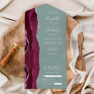 Burgund Silber Achat Salbei Grün Hochzeit All In One Einladung