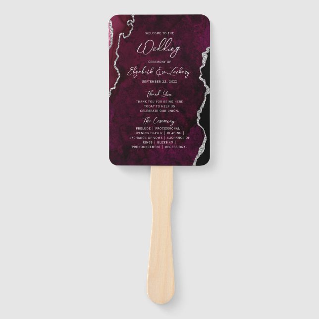 Burgund Silber-Achat-Schrift Hochzeitsprogramm Fächer (Vorderseite)