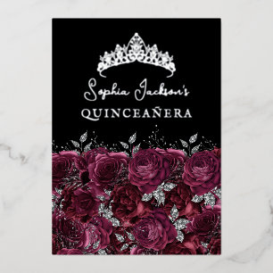 Burgund Silber Blumenrose Quinceanera Folieneinladung