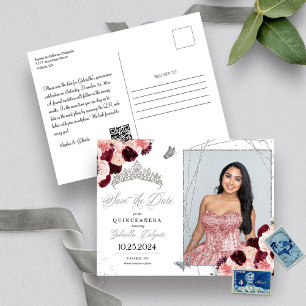 Burgund & Silber-Tiara-Quinceañera-Fotogrußkarte Postkarte
