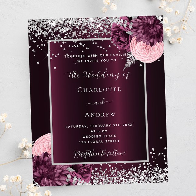 Burgund Silberfloralen Budget Einladung Hochzeit (Von Creator hochgeladen)