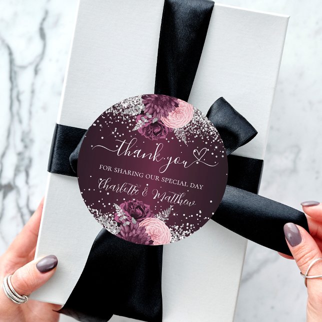 Burgund silberne Blume Herzlichen Dank für Ihre Ho Runder Aufkleber (Von Creator hochgeladen)