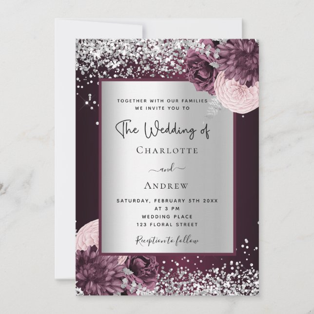Burgund silberne florale elegante Hochzeitseinladu Einladung (Vorderseite)