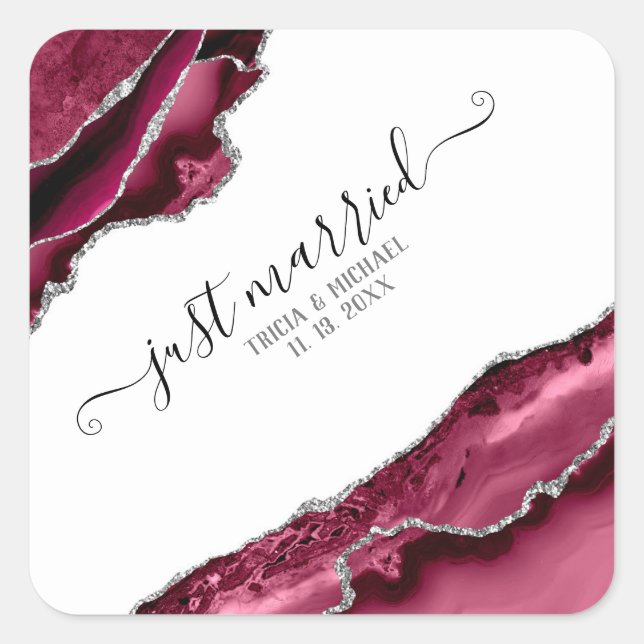 Burgund & Silver Agate Borders Just Married Quadratischer Aufkleber (Vorderseite)