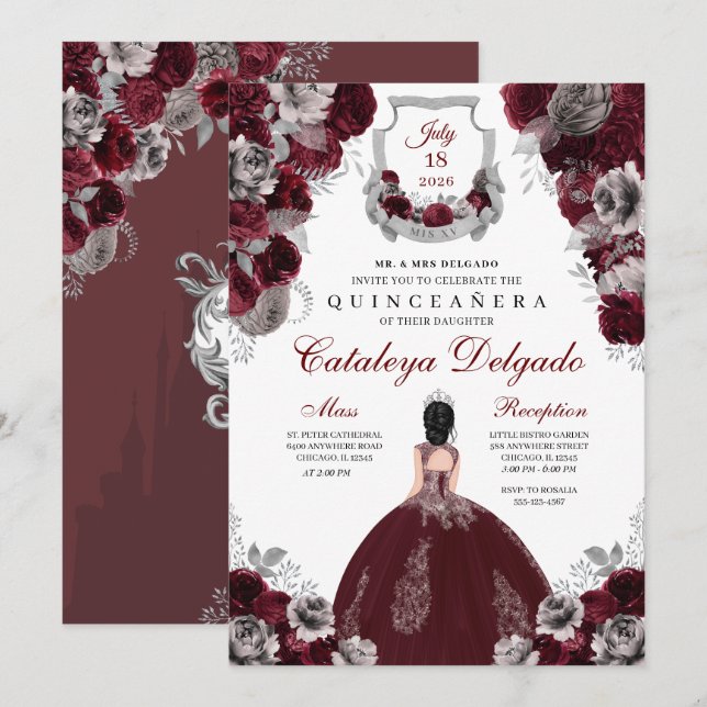 Burgund & Silver Floral Elegant Quinceañera Einladung (Vorne/Hinten)