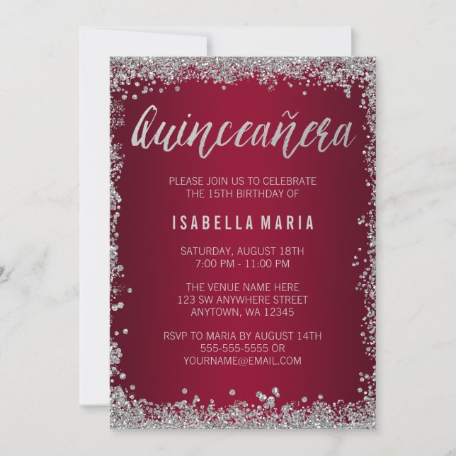 Burgund Silver Glitzer Quinceanera 15. Geburtstag Einladung (Vorderseite)