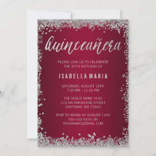 Burgund Silver Glitzer Quinceanera 15. Geburtstag Einladung